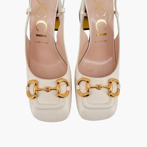 Gucci Baby Horsebit Slingback Pumps Size 39.5 US 9.5 White Block Heel Square Toe - Picture 3 of 14
